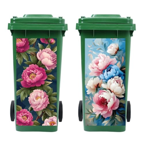 Image of Peacoblue Wheelie Bin Stickers 2 Sheets Peonies and Leaves Sticky Dustbin Stickers Decals, 15 inch x 32 inch Waterproof Large Wraps for Trash Cans Bins Fridges Door Wall Garden Outdoor Indoor Patio Decor