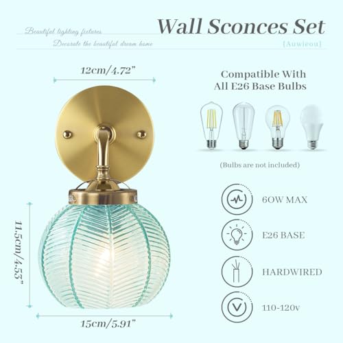 Image of Vintage Wall Sconce Gold Bathroom Vanity Light Hand Blown 1-Light Globe wall Sconce Indoor Wall Light with Blue Glass Shade Mid Century Modern Wall Lighting for Bedroom Hallway Living Room
