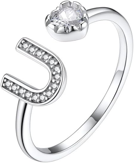 Suplight 925 Sterling Silver Heart Initial Rings for Women Teen Girls Capital Letter Initial Stackable Rings for Women Girls Alphabet Letter Adjustable Heart Rings Rings Jewelry Gifts for Women