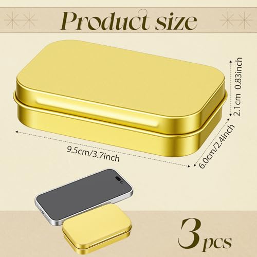 Image of Hotop 3 Pack Metal Rectangular Empty Hinged Tins 3.75 x 2.45 x 0.8 Inch Box Containers with Lids Mini Portable Box Small Storage Kit, Home Organizer (Gold)