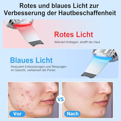 Yeerain Skin Scrubber Ultraschall, Porenreiniger Gesicht mit 4 Modi und Einstellbarer Intensitä, Rotes Blaues Licht, LED-Anzeige und 5-Minuten-Autoabschaltung Mitesserentferner Gesichtsreinigung Gerät