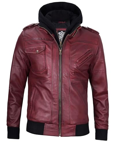 Image of Decrum Mens Leather Jacket - Detachable Hood Stylish Real Lambskin Leather Bomber Jacket Men