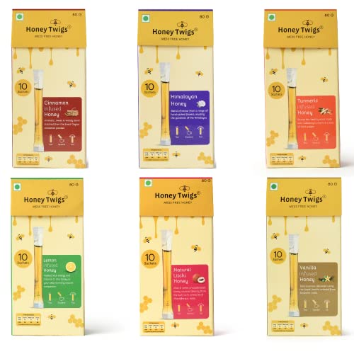 Honey Twigs Honey, Himalayan Multi Floral , Litchi , Cinnamon Honey, Lemon , Turmeric and Vanilla Combo, 480g (80g x 6 Packs - 60 Sachets) | Healhty Traceable Source | Zero Additives | Zero Added Sugar | For Enhanced Immunity for an Active Lifestyle