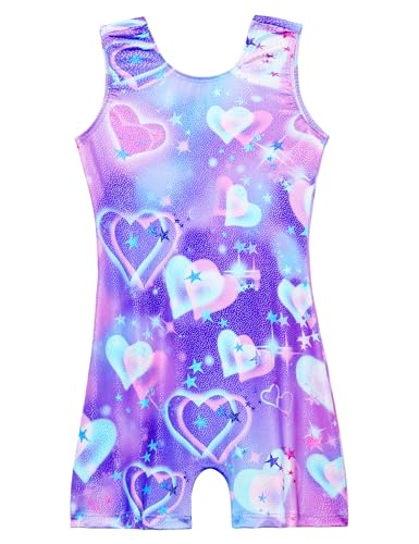 Domusgo Girls Leotards for Gymnastics Size 4t 5t Sparkle Purple Blue Hearts One Pieces Gym Biketards with Shorts