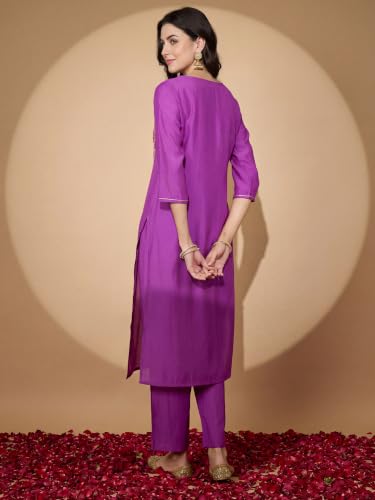 Image of INDO ERA Women's Silk Blend Embroidered Zari Work Straight Kurta & Pant Set | Cord Set For Women