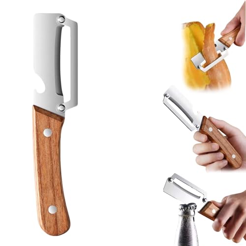2-in-1 Multifunktionaler Gemüseschäler mit Holzgriff – Zero Snag Sparschäler aus Edelstahl für Obst & Gemüse, Universal Küchenschäler mit Flaschenöffner für Kartoffeln, Äpfel und Karotten (1 Stück)