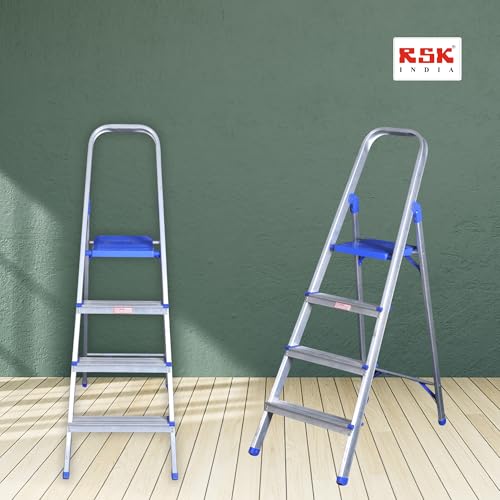 Image of Aluminium Foldable 4 Step Ladder | Firm Grip | 4 Steps (Aluminium Steps, Blue & Satin)