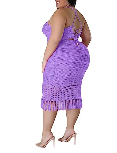 Image of Women Plus Two-Piece Skirt Set Tassel Fishing Net Knittin Hollow Out Off Shoulder Beach Dresses Swimsuit Cover Ups