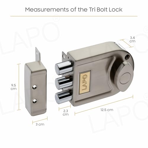 Image of LAPO Main Door Tri-Bolt Deadbolt Lock, Premium Satin Matt Finish,Heavy Duty Wooden Door Lock with Fixed Cylinder&4 Brass Keys,Suitable for Inside&Outside Opening,High Security for Home,Office & Hotel
