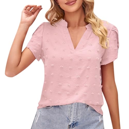 Womens V Neck Short Ruffle Sleeves Chiffon Blouse Pompom Tunic Casual Dot Dressy Shirt Short Sleeve Tees (M) Light Pink