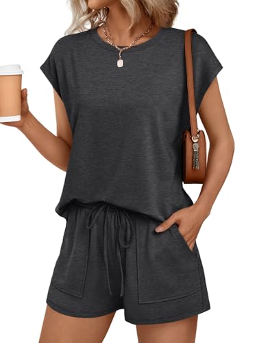 Image of AUTOMET Womens Crew Neck Two Piece Short Sets Cap Sleeve Drawstring Summer Sweatsuit with Pocket