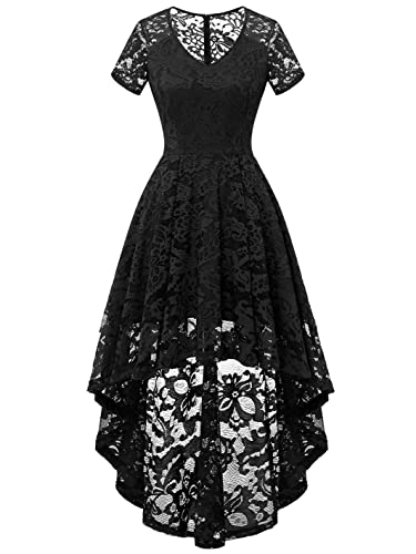MuaDress 6066 Robe de Cocktail Femme pour Soirée Col en V High-Low Dentelle Elegante et Vintage Noir M Cover