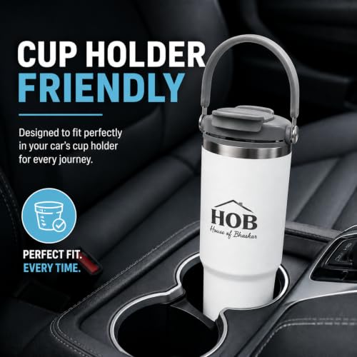 Image of House of Bhaskar 900ml Insulated Coffee Mug with Handle & Lid - Leakproof Stainless Steel Vacuum Travel Mug, Hot 8 Hrs & Cold 12 Hrs, Ideal for Gym, Office, Car & Travel (White)