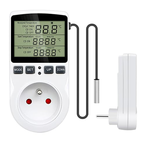 Lotvic Prise Thermostat, Regulateur Température Numérique 230 V 16 A avec Ecran LCD et Sonde, Thermostat Chauffage Refroidissement, pour Serres, Aquariums, Récipients en Verre, Reptiles