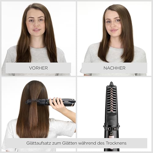 BaByliss Dry, Straighten and Style - Rotierende Warmluftbürste, 1000W Ionen Rundbürstenföhn mit 4 Aufsätzen zum Föhnen, Glätten, Volumen kreieren, Schwarz, AS200E