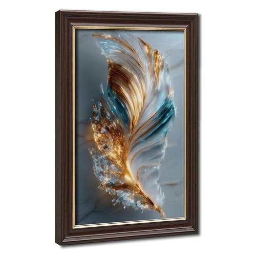 Natural Wood Grain & Gold Framed Feather Art, Modern Abstract