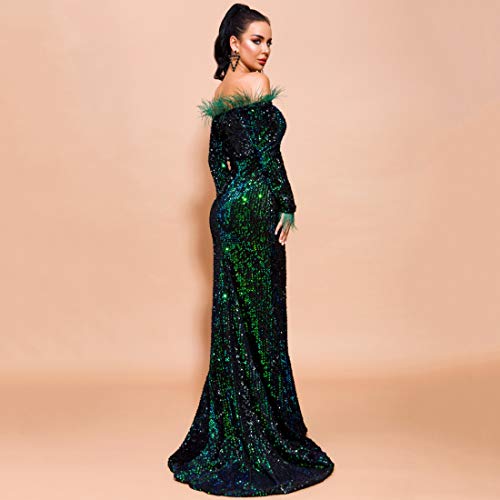 Women Off Shoulder Feather Long Sleeve Floor Length Evening Party Sequin Maxi Dress (X-Large, Green)
