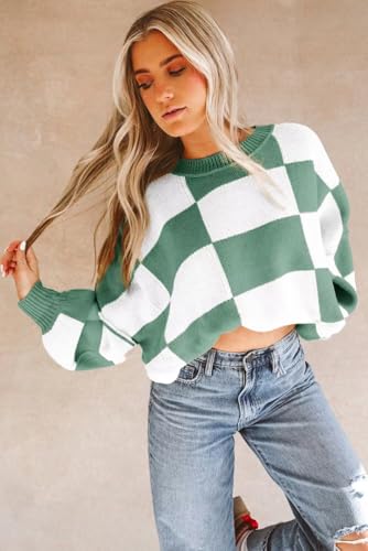 Image of Women's Casual Crew-Neck Long Sleeve Sweater Checkered Pullover Knit Sweaters Jumper Top