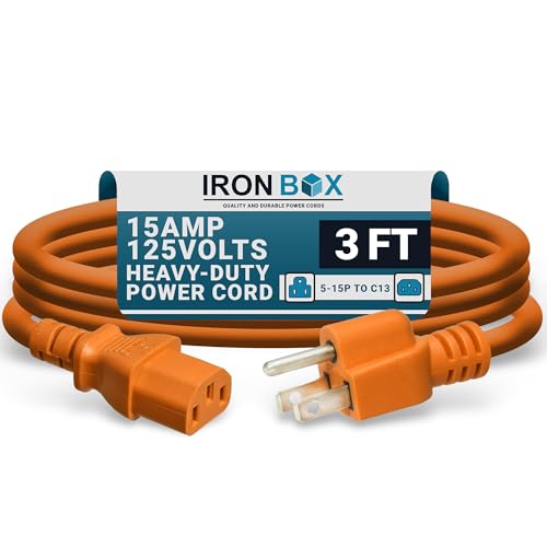 Image of IronBox Electric - Heavy-Duty 5-15P to C13 Power Cord - 3 Prong 15A 125V 14 /3 SJT PC Power Cable - Cord for Computer, Monitor, Subwoofer, Amplifier - Cable for Power Supply - (Orange 3 Foot)