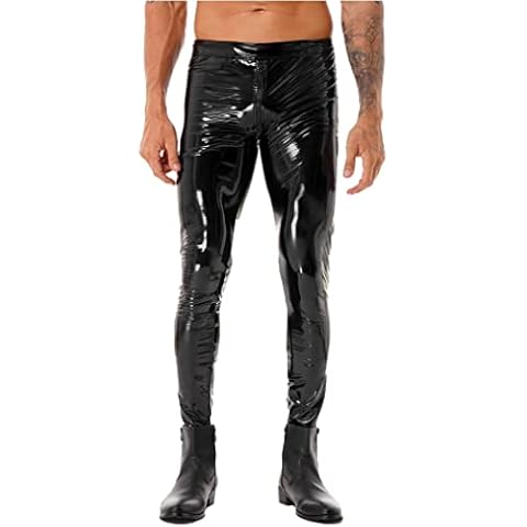 Choomomo Men's Shiny Metallic Pants PVC Leather Skinny Motor Biker Tight Leggings Long Trousers 4# Black 4XL Cover