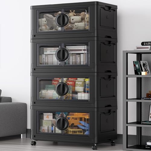 Image of BROVIEW 480Qt Lockable Stackable Storage Bins with Lids, Closet Organizers and Storage Drawer, Collapsible Storage Bin with Wheels, Plastic Cabinet for Toy Clothes Dorm Organizer, V9 4 Pack Black