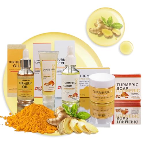 MKNZOME Soins pour le Visage à la Curcuma, 5 Produits Skincare Coffret Beauté Femme avec Nettoyant, Huile de Curcuma, Serum Hydratant Visage, Creme Visage, Savon au Curcuma, Coffret Cadeau Femme