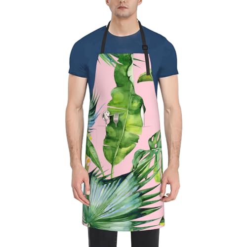 VPPUR Tablier de travail imperméable avec poche pour adulte Motif feuilles de bananier fraîches 71 x 83 cm Noir Taille unique, Noir/blanc, taille unique