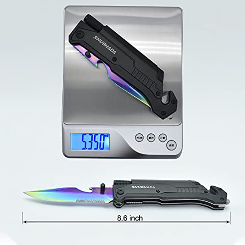 SHUBHADA Folding Pocket Knives Multi Function Emergency Tool Knives Led Light Magnesium fire starter Seatbelt cutter Glass breaker Bottle opener(Colorful Titanium)