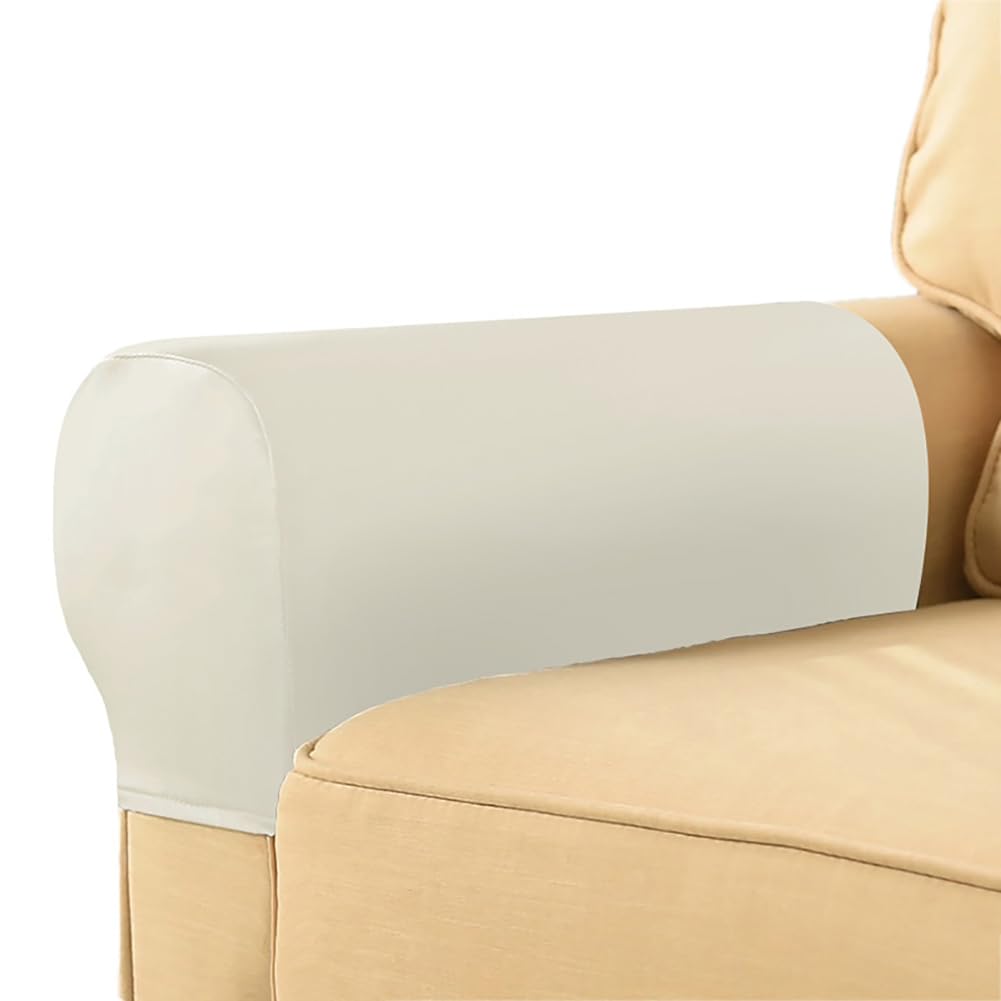 ZHULONGRUSHUI Stretch Armrest Covers Ultra Thick,Waterproof PU Leather Armchair Slipcover,Furniture Protector for Sofa Chair Recliner Couch Loveseat,Set of 2(Ivory)