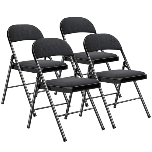 BULAGE Gartenstuhl Klappbar, Metal Esstisch Stühle 4er Set für Esszimmer Küchen Wohnzimmer, Outdoor Klappstuhl für Garten Camping Balkon Terrassen, Gartenstühle Besucherstuhl mit Stoff-Kissen,Schwarz