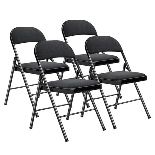 Lot de 4 chaises de jardin pliantes en métal pour salle à manger, cuisine, salon, extérieur, jardin, camping, balcon, terrasse, jardin, visiteur, avec coussins en tissu, noir