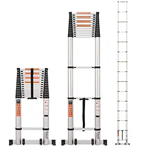 Equal 22.6 FT. Aluminium Telescopic Ladder/Collapsible Extension Ladder with Locking Mechanism for Outdoor with Stabliser Bar w/Wheels; EN131 Certified (6.9m/15 Step)