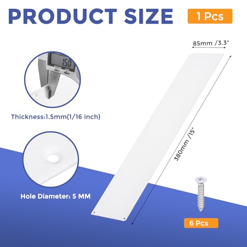 GLOKUUCA 1 Pcs Push Door Plate - 3.3 x 15 Inches Aluminum Door Push Plate Door Kick Plate,1.5mm (1/16 Inch) Thickness,Metal Door Plate with 6 Screws for Door Interior Exterior (White)