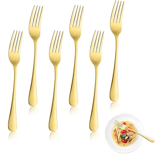 6 PCS Gold Dinner Forks – 8 Inch Stainless Steel Table Fork Set with Mirror Finish, Dishwasher Safe Flatware for Home or Restaurant Use