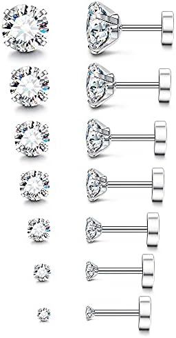 Fansilver 7Pairs 20G Hypoallergenic Stud Earrings for Women Men Stud Flatback Ear Piercing Cubic Zirconia 2-8mm