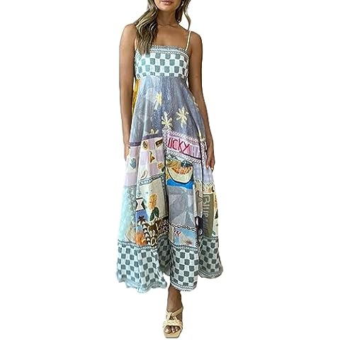 Michellecmm Women Spaghetti Strap Sleeveless Dress Summer Print Flowy Boho Long Sun Dress for Cocktail Beach Streetwear (Gray, S) Cover