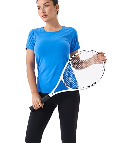Running Girl Seamless Workout Shirts For Women，Short Sleeve T-Shirt Stretch Tees Quick Dry Gym Athletic Tops(2853_Blue_M) #TOP6