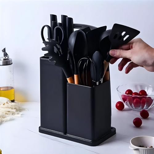 Kit Utensílios De Cozinha Silicone Cabo De Madeira Antiaderente Premium Conjunto 19 Peças Preto Inox