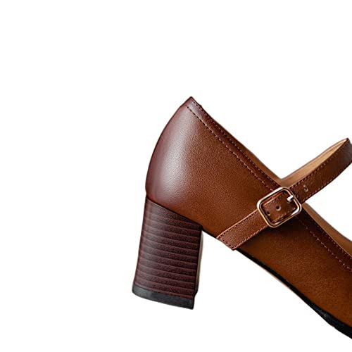 TinaCus Women's Retro Square Toe Genuine Leather Handmade Buckle Mid Block Heel Mary Jane Pumps Shoes4