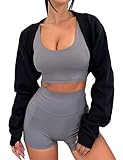 MISSACTIVER Women's Long Sleeve With Thumb Hole Bolero Shrug Top Open Front Fleece Loose Fit Cropped Shawl Sweatshirt Workout (Medium, Black)