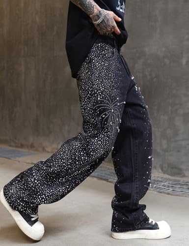 Men Loose Rhinestone Crystal Denim Jeans3