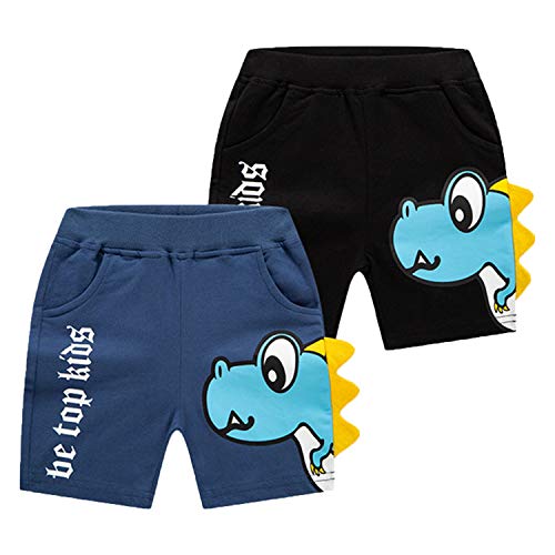 LeeXiang Boys Girls Summer 2 Pack Knit Sports Shorts,Toddler Baby Casual Pull-On Soft Shorts (Black & Blue Dinosaurs, 4T)