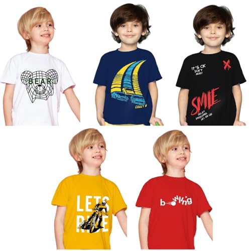 Image of Yazh Texworld Boys Round Neck Blended Cotton T-Shirts | Regular Fit | Half Sleeve | Casual Wear | Trendy | Combo Pack of 5 | Multicolor | Soft, Durable, and Stylish for Everyday use