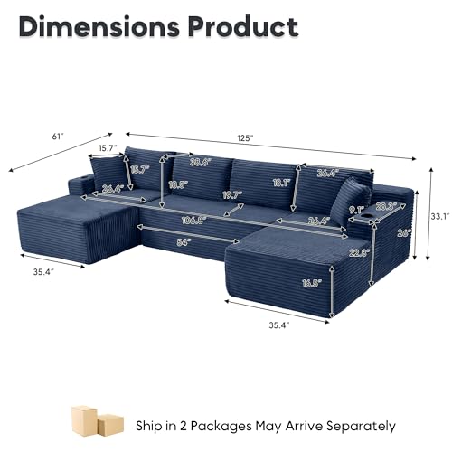 Image of 125 Inch Modular Sectional Sofa, Cloud Couch Oversized U Shaped Corduroy Sofa with Storage & Cupholders, Modern Deep Seat Boneless Couches for Living Room, No Assembly Required, Blue