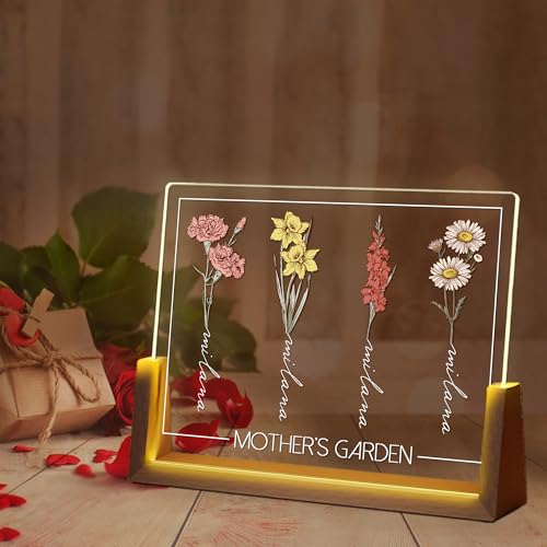 Ecautly Personalized Mother's Day Gifts for Mom, Custom Birth Month Flower Mothers Garden, Birthday Gifts for Mom from Daughter Son, Custom Walnut Picture Frame with Acrylic LED Night Light