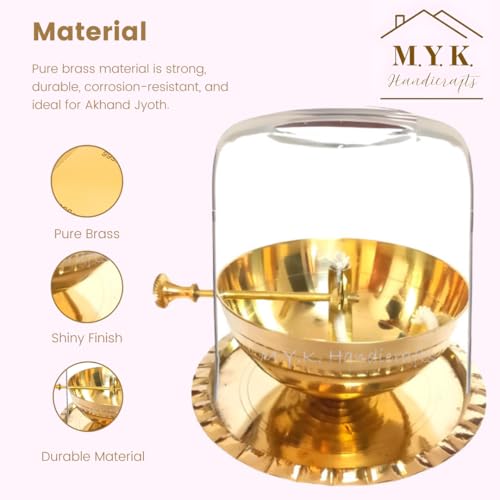 Image of Brass Akhand Jyoth with Glass Chimney (7 x 6 inches) - Extra Large Diya with Wick Lifting Screw Lever - Stays Lit Up to 9 Days - Ideal for Navratri, Diwali, and Gifting.