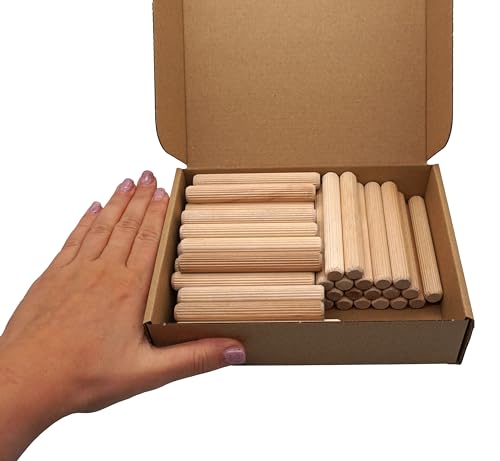 SKIR’CO (50 Stück) Holzdübel 12 x 90 mm, gerillte Holzdübel, geriffelte Stifte für Möbel, gerillte Dübel