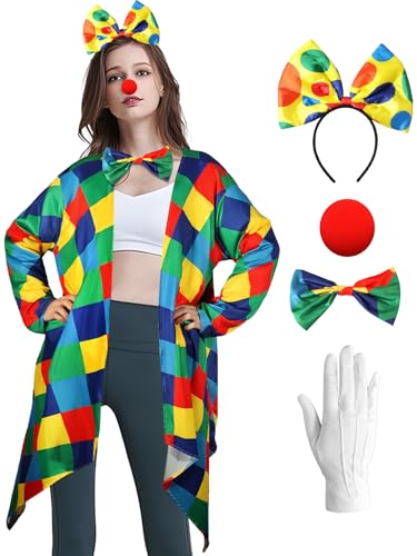 Mprocen Costume de clown pour femme - Costume de cirque pour femme - Nœud papillon rouge - Bandeau de cheveux - Robe fantaisie pour Halloween, carnaval, cosplay, fête...