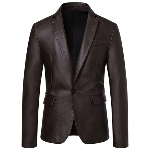 Men's Casual Notched Collar One Button Faux Leather Blazer Suit Jacket Sport Coats