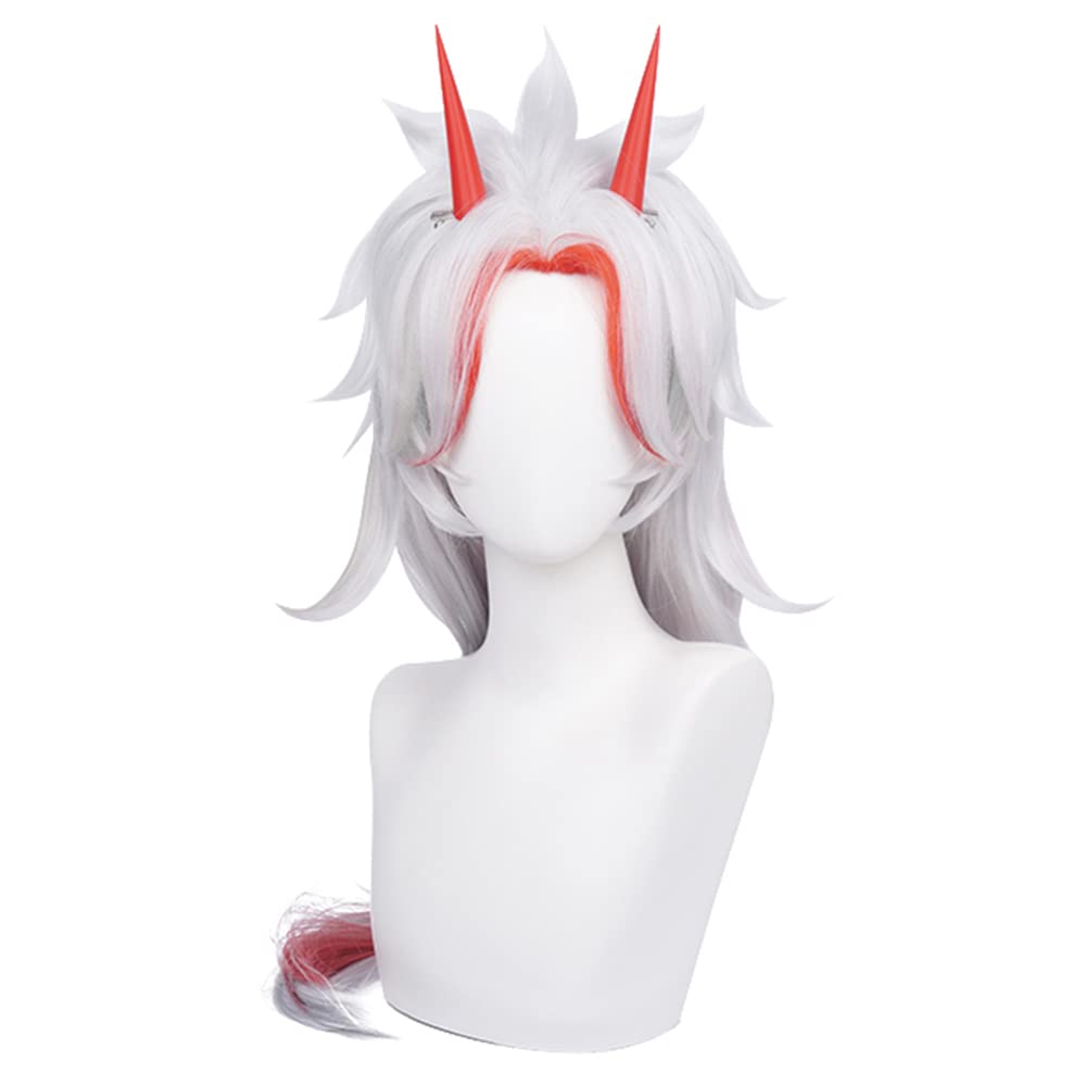 Silver White Wig Mix Red Long Straight with Horn Bangs Heat Resistant Synthetic Hairs Costume for Women Men Halloween Cos Anime Party Replacement Wigs